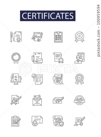 Certificates line vector icons and signs. Awards, Achievements, Diplomas, Accreditations, Licenses, Endorsements, Ratifications, Verifications outline vector illustration set Certificates line vector icons and signs. Awards, Achievements, Diplomas, Accreditations, Licenses, Endorsements, Ratifications, Verifications outline vector illustration set 100959594