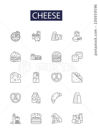 Cheese line vector icons and signs. Cheddar, Camembert, Brie, Feta, Gouda, Mozzarella, Blue, Ricotta outline vector illustration set 100959596