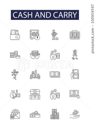 Cash and carry line vector icons and signs. Pay, Carry, Transaction, Shop, Buy, Trade, Shopping, Retail outline vector illustration set 100959597