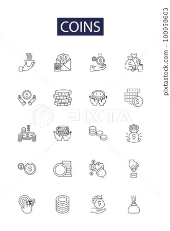 Coins line vector icons and signs. Money, Currency, Metal, Change, Pennies, Gild, Acquire, Store outline vector illustration set Coins line vector icons and signs. Money, Currency, Metal, Change, Pennies, Gild, Acquire, Store outline vector illustration set 100959603