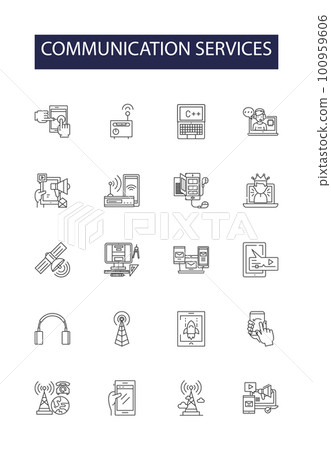 Communication services line vector icons and signs. Telephony, Messaging, Email, Video, Network, Instant, Data, Broadcast outline vector illustration set Communication services line vector icons and signs. Telephony, Messaging, Email, Video, Network, Instant, Data, Broadcast outline vector illustration set 100959606
