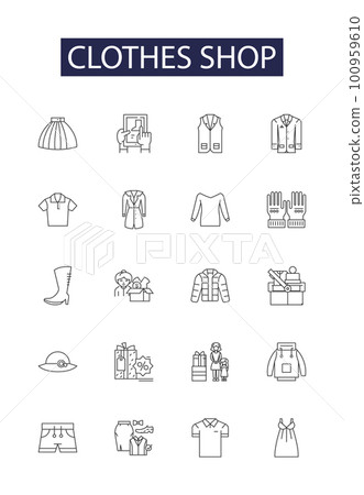 Clothes shop line vector icons and signs. fashion, clothing, retail, shop, clothes, boutique, sale,woman outline vector illustration set Clothes shop line vector icons and signs. fashion, clothing, retail, shop, clothes, boutique, sale,woman outline vector illustration set 100959610