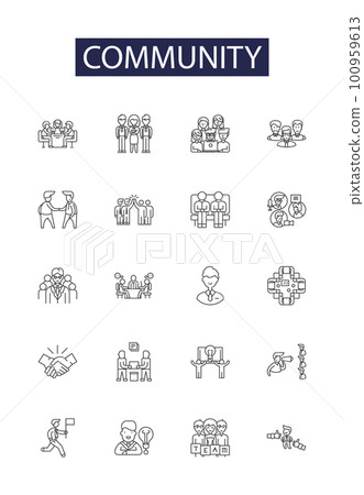 Community line vector icons and signs. Networking, Sharing, Support, Cooperation, Connect, United, Bonding, Caring outline vector illustration set 100959613