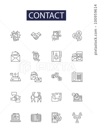 Contact line vector icons and signs. Touch, Reach, Converse, Relate, Interact, Commune, Telephone, Telecommunicate outline vector illustration set 100959614