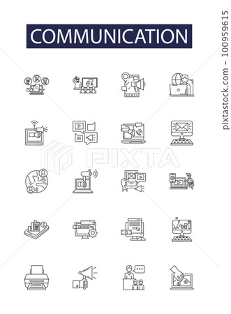 Communication line vector icons and signs. converse, convey, dialogue, discuss, express, exchange, forward, inform outline vector illustration set 100959615