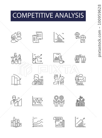 Competitive analysis line vector icons and signs. Competitor, Competitive, Strategies, MarkeShare, Performance, Profiles, Benchmarking, Pricing outline vector illustration set 100959628