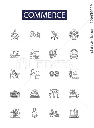 Commerce line vector icons and signs. Trade, Buying, Selling, Shopping, Exchange, Business, Merchandise, Retail outline vector illustration set 100959629