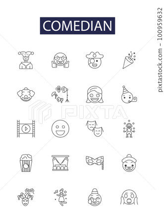 Comedian line vector icons and signs. Stand-Up, Improviser, Jokester, Entertainer, Satirist, Witty, Clown, Actor outline vector illustration set 100959632