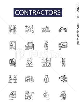 Contractors line vector icons and signs. Subcontractors, Building, Construction, Remodeling, Renovating, Plumbing, Electrical, Carpentering outline vector illustration set 100959636