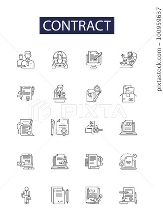 Contract line vector icons and signs. Agreement, Pact, Clause, Accord, Obligation, Compact, Bond, Covenant outline vector illustration set 100959637