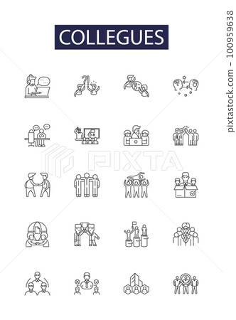Collegues line vector icons and signs. Colleagues, Classmates, Peers, Associates, Friends, Workmates, Companions, Contemporaries outline vector illustration set 100959638