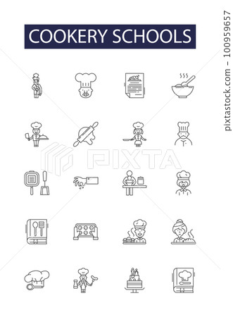 Cookery schools line vector icons and signs. Schools, Culinary, Institutes, Education, Recipes, Baking, Teaching, Classes outline vector illustration set Cookery schools line vector icons and signs. Schools, Culinary, Institutes, Education, Recipes, Baking, Teaching, Classes outline vector illustration set 100959657