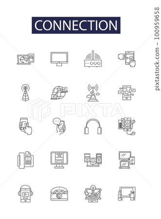 Connection line vector icons and signs. Bond, Interface, Join, Couple, Bridge, Tie, Linkage, Nexus outline vector illustration set Connection line vector icons and signs. Bond, Interface, Join, Couple, Bridge, Tie, Linkage, Nexus outline vector illustration set 100959658