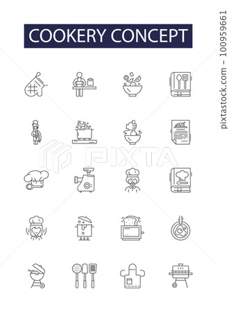 Cookery concept line vector icons and signs. Cuisine, Recipe, Baking, Chef, Food, Grill, Stewing, Roasting outline vector illustration set Cookery concept line vector icons and signs. Cuisine, Recipe, Baking, Chef, Food, Grill, Stewing, Roasting outline vector illustration set 100959661