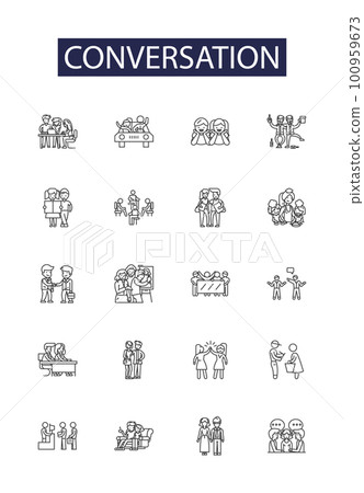 Conversation line vector icons and signs. Chat, Talk, Interaction, Discussion, Exchange, Parley, Debate, Address outline vector illustration set 100959673