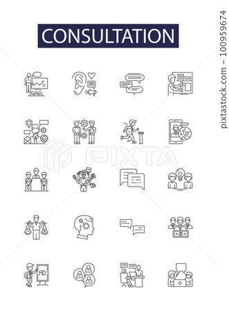Consultation line vector icons and signs. Counsel, Assistence, Advice, Huddle, Confabulation, Support, Dialogue, Meeting outline vector illustration set Consultation line vector icons and signs. Counsel, Assistence, Advice, Huddle, Confabulation, Support, Dialogue, Meeting outline vector illustration set 100959674
