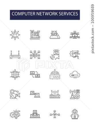 Computer network services line vector icons and signs. Services, Computing, Connectivity, Virtualization, Protocols, Firewall, Security, Cloud outline vector illustration set Computer network services line vector icons and signs. Services, Computing, Connectivity, Virtualization, Protocols, Firewall, Security, Cloud outline vector illustration set 100959689