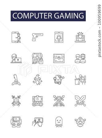Computer gaming line vector icons and signs. Gaming, Console, Strategy, Shooter, Adventure, RPG, Virtual, Multiplayer outline vector illustration set Computer gaming line vector icons and signs. Gaming, Console, Strategy, Shooter, Adventure, RPG, Virtual, Multiplayer outline vector illustration set 100959699