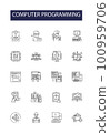 Computer programming line vector icons and signs. scripting, debugging, algorithm, software, language, compiler, syntax, development outline vector illustration set 100959706