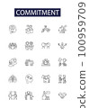 Commitment line vector icons and signs. Adherence, Obligation, Loyalty, Conviction, Assurance, Steadfastness, Fidelity,Devotion outline vector illustration set 100959709