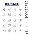 Coin dealer line vector icons and signs. Dealer, Numismatist, Trading, Collecting, Investing, Silver, Gold, Bullion outline vector illustration set 100959717