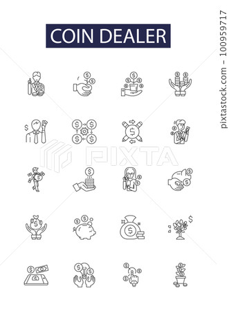 Coin dealer line vector icons and signs. Dealer, Numismatist, Trading, Collecting, Investing, Silver, Gold, Bullion outline vector illustration set 100959717