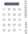 Cooperation line vector icons and signs. fellowship, unity, harmony, alliance, coordination, union, concord, concurrence outline vector illustration set 100959719