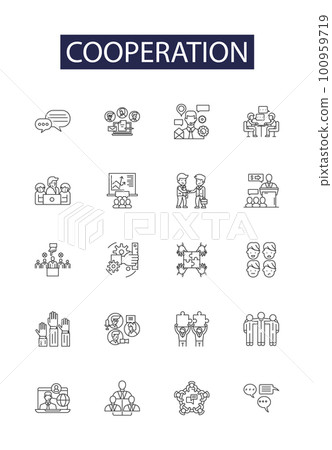 Cooperation line vector icons and signs. fellowship, unity, harmony, alliance, coordination, union, concord, concurrence outline vector illustration set 100959719