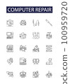 Computer repair line vector icons and signs. Laptop, Desktop, Troubleshoot, Virus, Malware, Monitor, Keyboard, Install outline vector illustration set 100959720