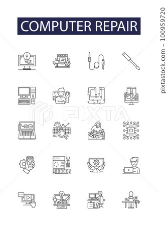 Computer repair line vector icons and signs. Laptop, Desktop, Troubleshoot, Virus, Malware, Monitor, Keyboard, Install outline vector illustration set 100959720