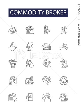 Commodity broker line vector icons and signs. broker, stockbroker, trader, investor, futures, dealing, derivatives, arbitrage outline vector illustration set 100959721