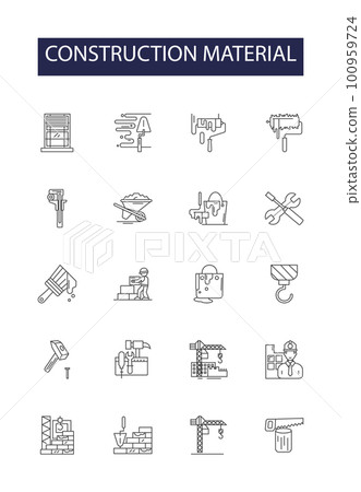 Construction material line vector icons and signs. Cement, Steel, Aggregate, Glass, Concrete, Sand, Gravel, Stone outline vector illustration set 100959724