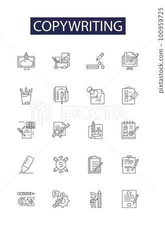 Copywriting line vector icons and signs. Copyediting, Copywriter, Content, Creativity, Copy, Editing, Scripts, Blogging outline vector illustration set 100959725