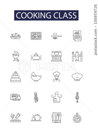 Cooking class line vector icons and signs. food, kitchen, people, class, woman, culinary, school,meal outline vector illustration set 100959726