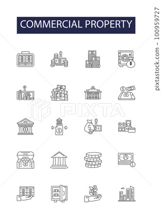 Commercial property line vector icons and signs. Building, Investment, Lease, Retail, Market, Space, Tenant, Landlord outline vector illustration set Commercial property line vector icons and signs. Building, Investment, Lease, Retail, Market, Space, Tenant, Landlord outline vector illustration set 100959727