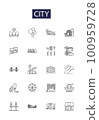 City line vector icons and signs. Municipality, Metropolis, Urban, Settlement, Conurbation, Community, Capital, Place outline vector illustration set 100959728