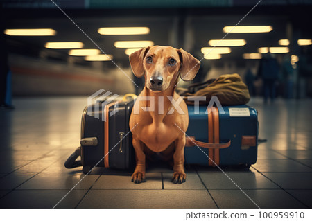 Sad dog that is lost or waiting for owner, next to luggage in the large hall of railway station or airport, AI generative image 100959910