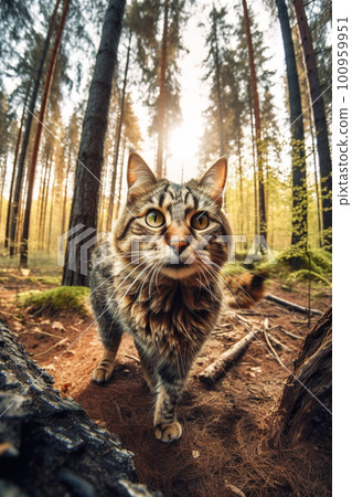 A self portrait of a forest cat in nature. AI generative image 100959951