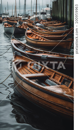 Small wooden boats in marina next to piers, AI generative image Small wooden boats in marina next to piers, AI generative image 100959963