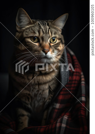 Cute domestic cat wearing a warm checker fleece blanket, AI generative image Cute domestic cat wearing a warm checker fleece blanket, AI generative image 100960105