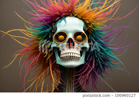 Dark fantasy design, painted human skull and lush bunch of flowers on colorful background, AI generated 100960127