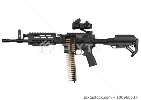 Carbine with belt-fed upper receiver that convert AR-15 or M16 from a standard, magazine rifle to light machine gun. Isolated on a white background Carbine with belt-fed upper receiver that convert AR-15 or M16 from a standard, magazine rifle to light machine gun. Isolated on a white background 100960537
