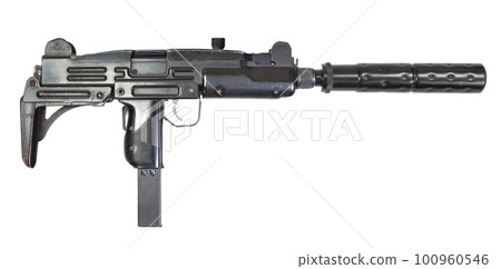UZI submachine gun with silencer on white background 100960546