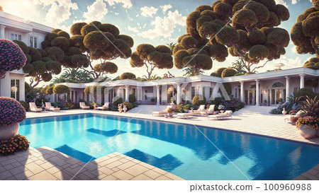 Large white house with luxury swimming pool in front of it. Modernism and constructivism in architecture. AI generated illustration 100960988