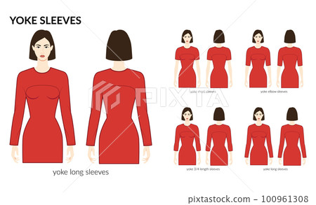 Set of Yoke sleeves clothes - long, short, 3-4, elbow length technical fashion illustration with fitted body Flat apparel 100961308