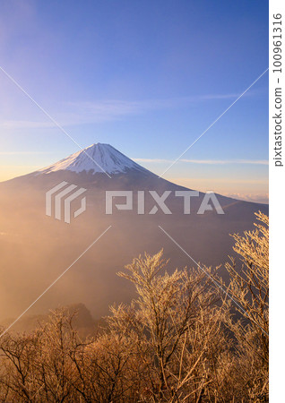 (Yamanashi Prefecture) Magnificent view of the sunrise sky and Mt. Fuji seen from Mt. 100961316