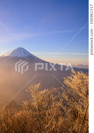 (Yamanashi Prefecture) Magnificent view of the sunrise sky and Mt. Fuji seen from Mt. 100961317