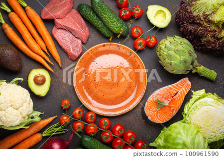 Assorted food raw products: vegetables, beef meat, fish salmon and empty plate in centre, dark rustic brown stone table top view copy space. Healthy food concept, ingredients for balanced diet Assorted food raw products: vegetables, beef meat, fish salmon and empty plate in centre, dark rustic brown stone table top view copy space. Healthy food concept, ingredients for balanced diet 100961590