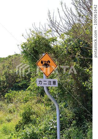Okinawa Tomigusuku road sign warning of crabs 100961642