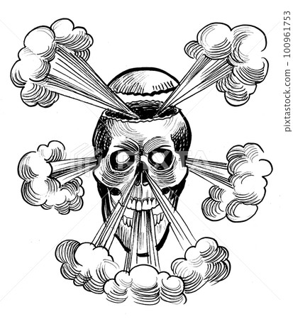 Exploding skull. Ink black and white drawing 100961753